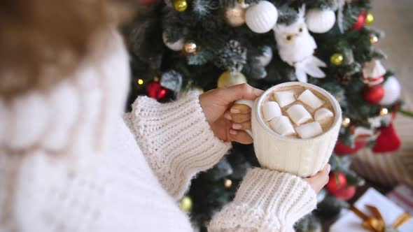 Woman Wearing Knit Sweater Holding A Cup Of Hot Chocolate On Christmas.