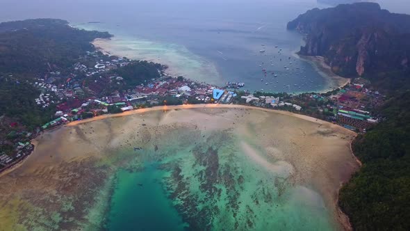 Aerial view of Phi Phi, Maya beach at sunset with Andaman sea in Phuket. Thailand