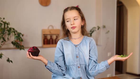 Little Girl Comparing Food Choosing Microgreen Against Sweet Cake Healthy Dieting Habit