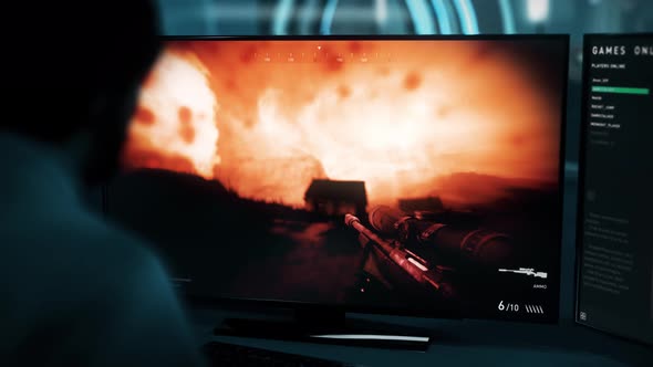 Person Controls Playable Soldier Character In Military War Battle Computer Game alt