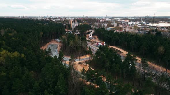 Revealing Shot Large New Bridge Construction Site in Riga