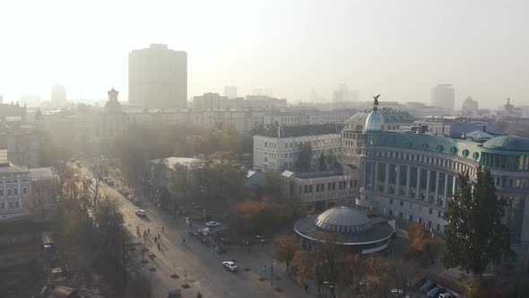 Aerial Fly Over Institutska Street and Kreshchatyk Metro Station at Foggy Weather