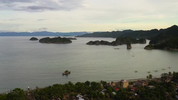 Town By the Sea. Seascape with Islands in the Evening, Top View.