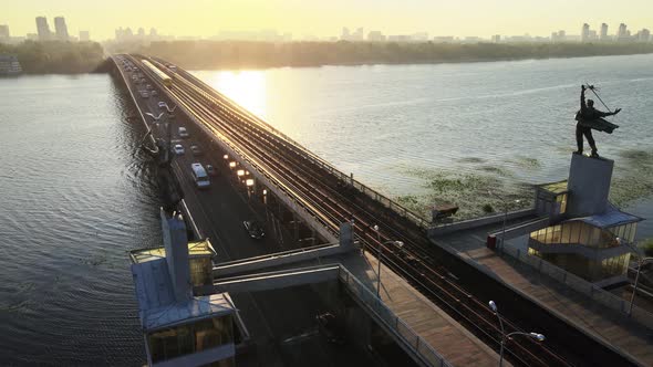 Metro Bridge in the Morning at Sunrise in Kyiv, Ukraine. Dnipro Station