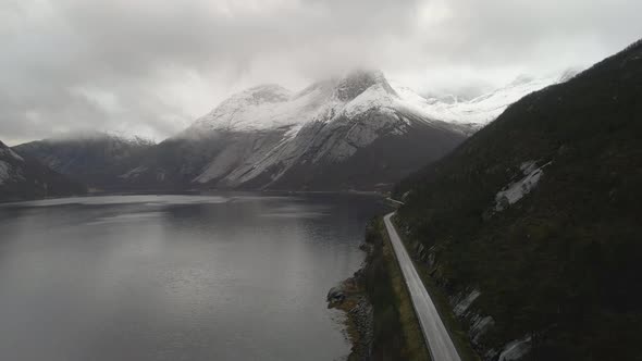 Aerial view of the snow-capped Stetind Mountain in Nordland, Norway