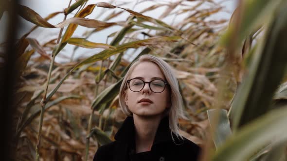 Beautiful woman in glasses on corn field in autumn