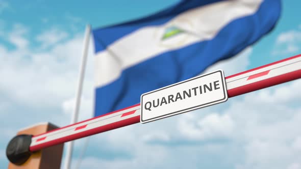 Barrier Gate with QUARANTINE Sign Opens at Flag of Nicaragua alt