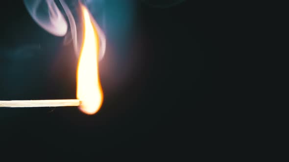 Lit Match and Flame on a Black Background and Then Goes Out Creating a Lot of Smoke