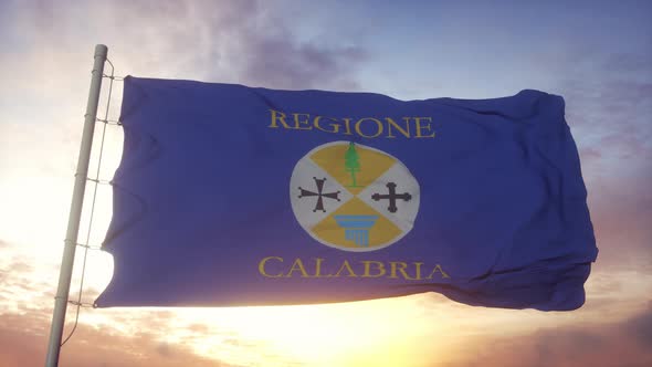 Calabria Region Flag Italy Waving in the Wind Sky and Sun Background