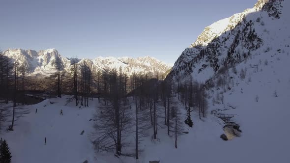 Aerial Drone Flight Establisher Over Iced Lake with Skier and Snowy Forest