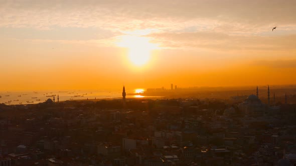 Aerial Istanbul City And Sea Sunset With Ships 2