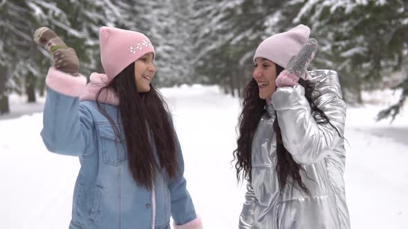 Two Girlfriends in Winter Clothes Are Walking in the Woods in the Winter Having a Good Mood