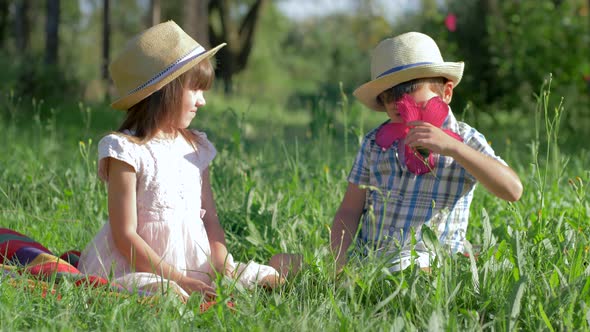 Childrens Couple Outdoors, Boy Gives Pink Flower To Happy Girl Sitting in Grass at Sunny Day