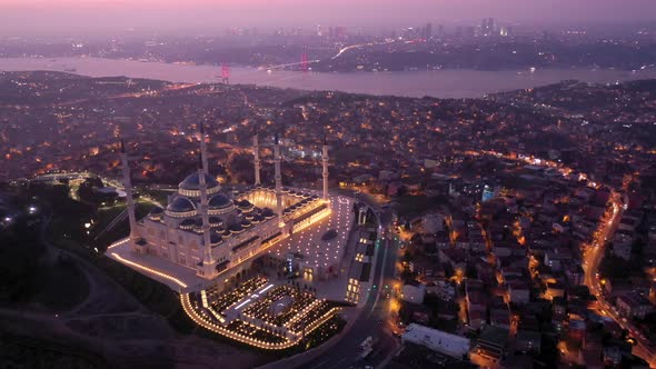 Aerial Drone View of Istanbul Camlica Mosque and Bosphorus. Biggest Mosque in Europa 05