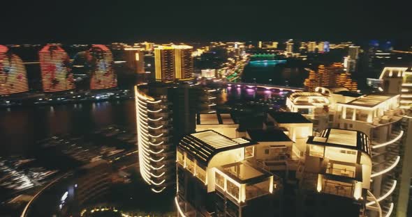 Illuminated Skyscrapers in Midtown Closeup Aerial View