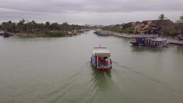 Hoi An River Landscape Motorboat Sails Along Channel