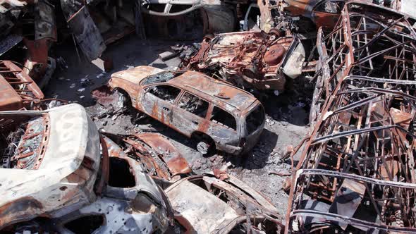 War in Ukraine a Dump of Shot and Burned Cars in Irpin Bucha District