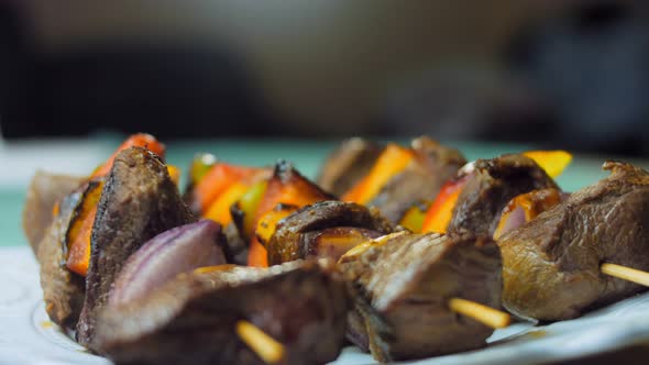 Marinated Beef Kebabs with Vegetables Prepared on the Grill