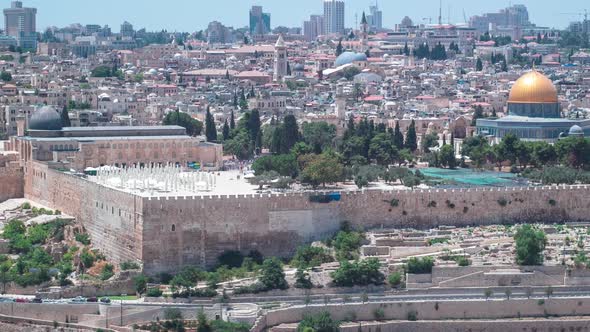 Panoramic View on Jerusalem Timelapse with the Dome of the Rock From the Mount of Olives