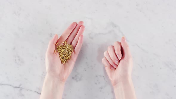 Oat Seeds And Pills In Hands alt