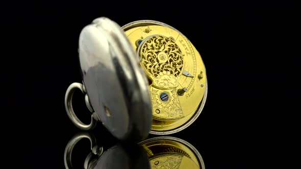 Vintage Pocket Watch Rotate. Black Background. Sound