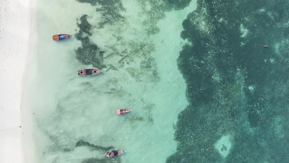 Vertical Video Boats in the Ocean Near the Coast of Zanzibar Tanzania Aerial View