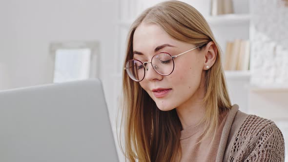 Portrait of Young Caucasian Woman Blonde Millennial Girl in Glasses Student Freelancer Client