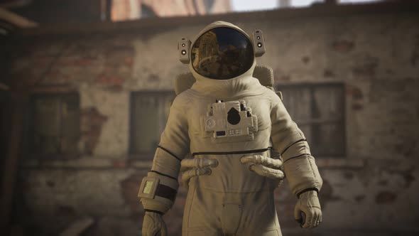 Lost Astronaut Near Abandoned Industrial Buildings of Old Factory alt