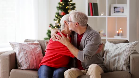 Senior Couple Hugging and Kissing at Christmas