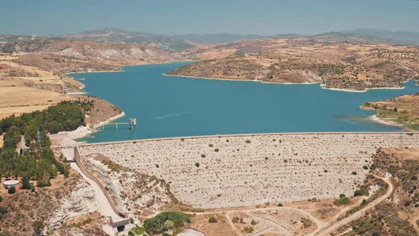 Panorama Aerial View of Asprokremmos Dam on Blue River in Wild Desert Area in Suburb Cyprus