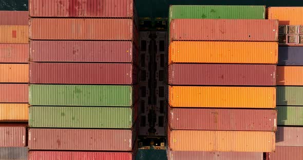 Shipping containers stacked on a sailing Container ship, Top down shot.