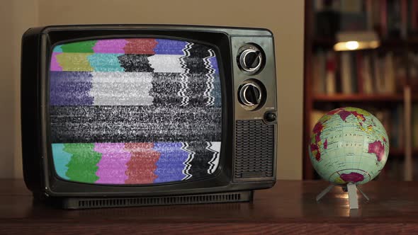 Vintage Television turning On Green Screen with Color Bars and Static Noise in a Room. 4K.