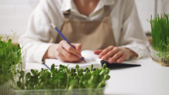 Girl Gardener Growing Greens At Home In A Greenhouse Writes Notes In A Diary On The Growth