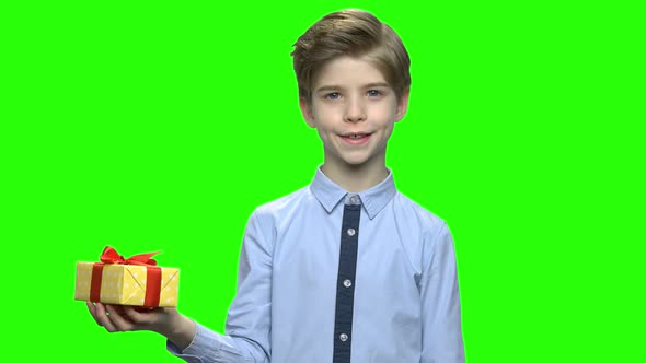 Handsome Child Holding Yellow Gift Box with Red Ribbon