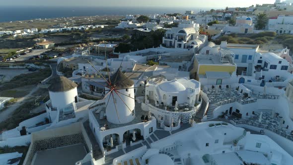 Aerial View Flying Over City of Oia on Santorini Greece