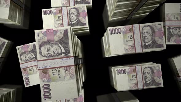 Flight over the Czech koruna money banknote packs loop
