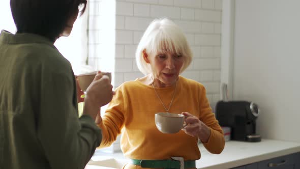 Handsome mature woman talking with her friend and drinking tea