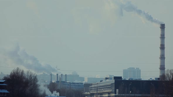 Chimney Smoke Plant Smoking Industrial Zone Air Pollution. Ecology Co2 Dioxide Emission Fog.