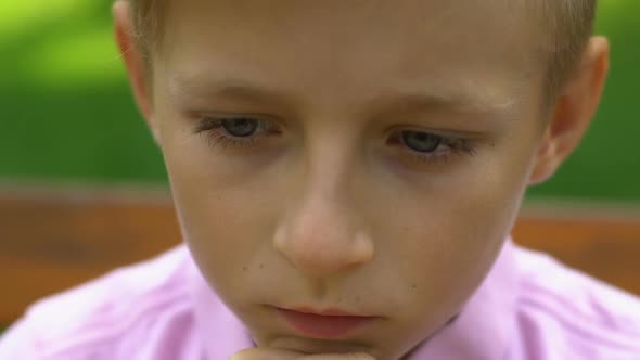 Upset Male Kid Sitting Alone on Bench in Park, Bullying Concept, Childhood