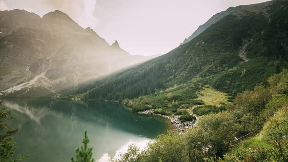 Tatra National Park, Poland. Famous Mountains Lake Morskie Oko Or Sea Eye Lake In Summer Evening