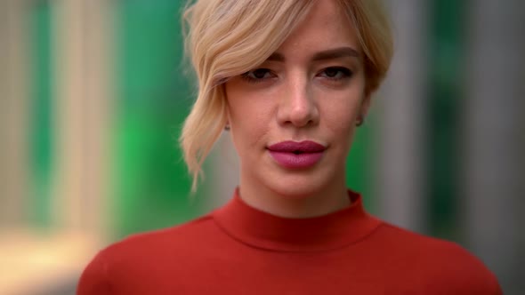 Closeup Portrait of Pretty Blonde Woman, Walking at City, Blurred Background