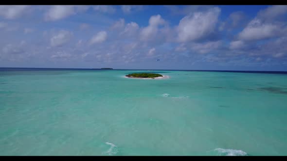Aerial sky of marine island beach trip by shallow lagoon and white sandy background of a picnic near