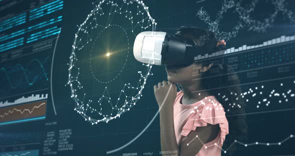 Girl using virtual reality headset and digital screen