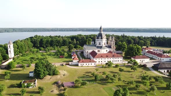 Panoramic aerial view of Pazaislis monastery complex in Kaunas city