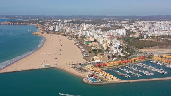 Aerial View of the Portuguese Marina Bay in the Tourist Town of Portimao Yacht Boats of Luxury