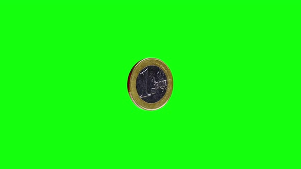 Shiny One Euro Coin with Ribbed Side on Green Background