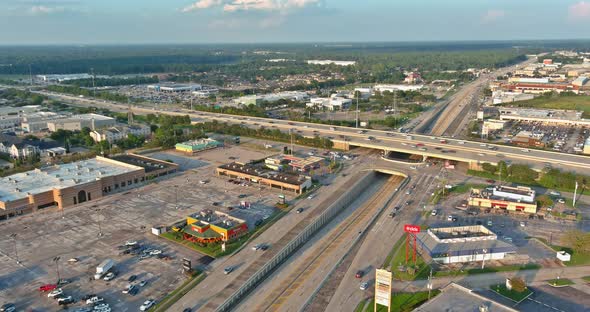 Aerial view interstate 45, highway road junction at southeast side of Houston, Texas