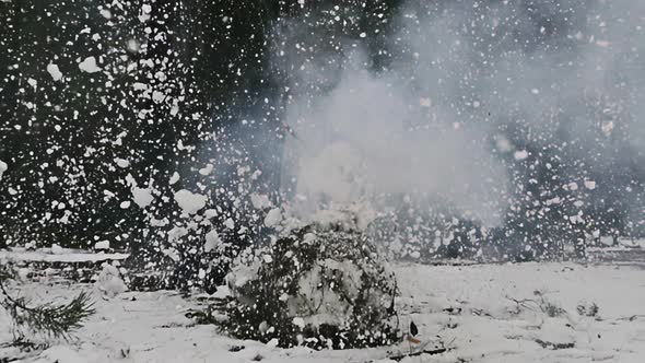 Snowman explodes with a bomb, slow motion 1000 fps