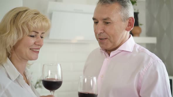 Mature Husband and Aged Wife Drinking Red Wine in Moden Interior.