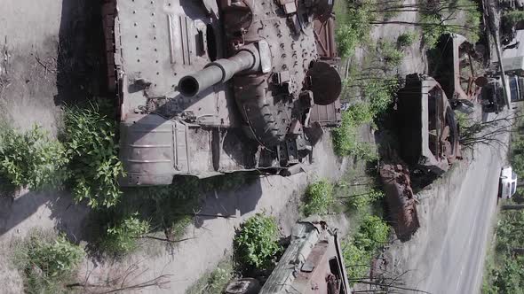 Vertical Video of Ukraine in the War  Burnt Out Tank